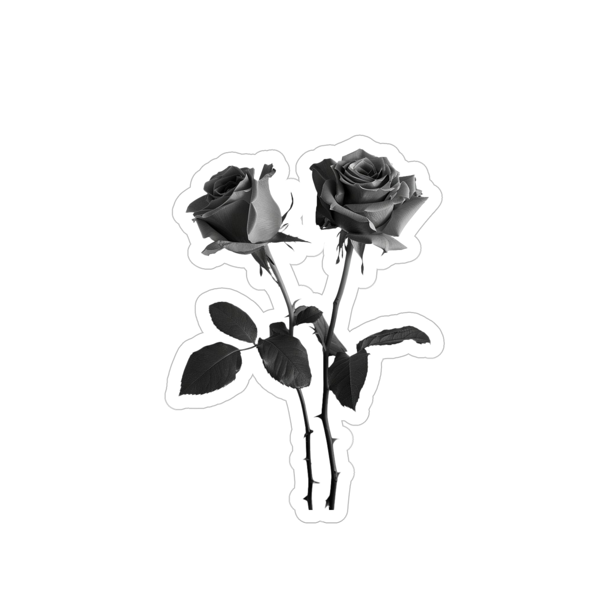 Black and white two roses die-cut transparent sticker, made from water-resistant vinyl. Available in 4 sizes for indoor and outdoor use. Customize laptops, phone cases, cars, and more. Please note: Design may be difficult to see on dark surfaces, and small details may be cut as one shape. Assembled in the USA from globally sourced parts. Infuse your belongings with timeless charm and natural beauty.