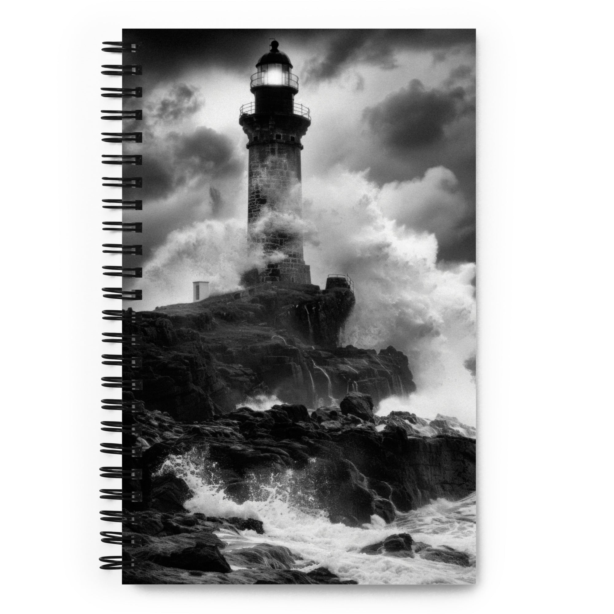 A solitary lighthouse stands resolute against the onslaught of a massive, crashing wave in this breathtaking black and white art print, 
